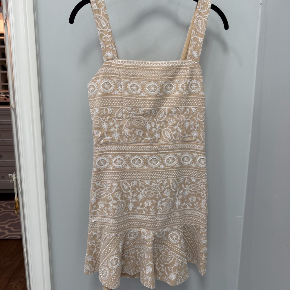 Alice + Olivia Kaidra Cream and White Embroidered Square-Neck Mini Dress